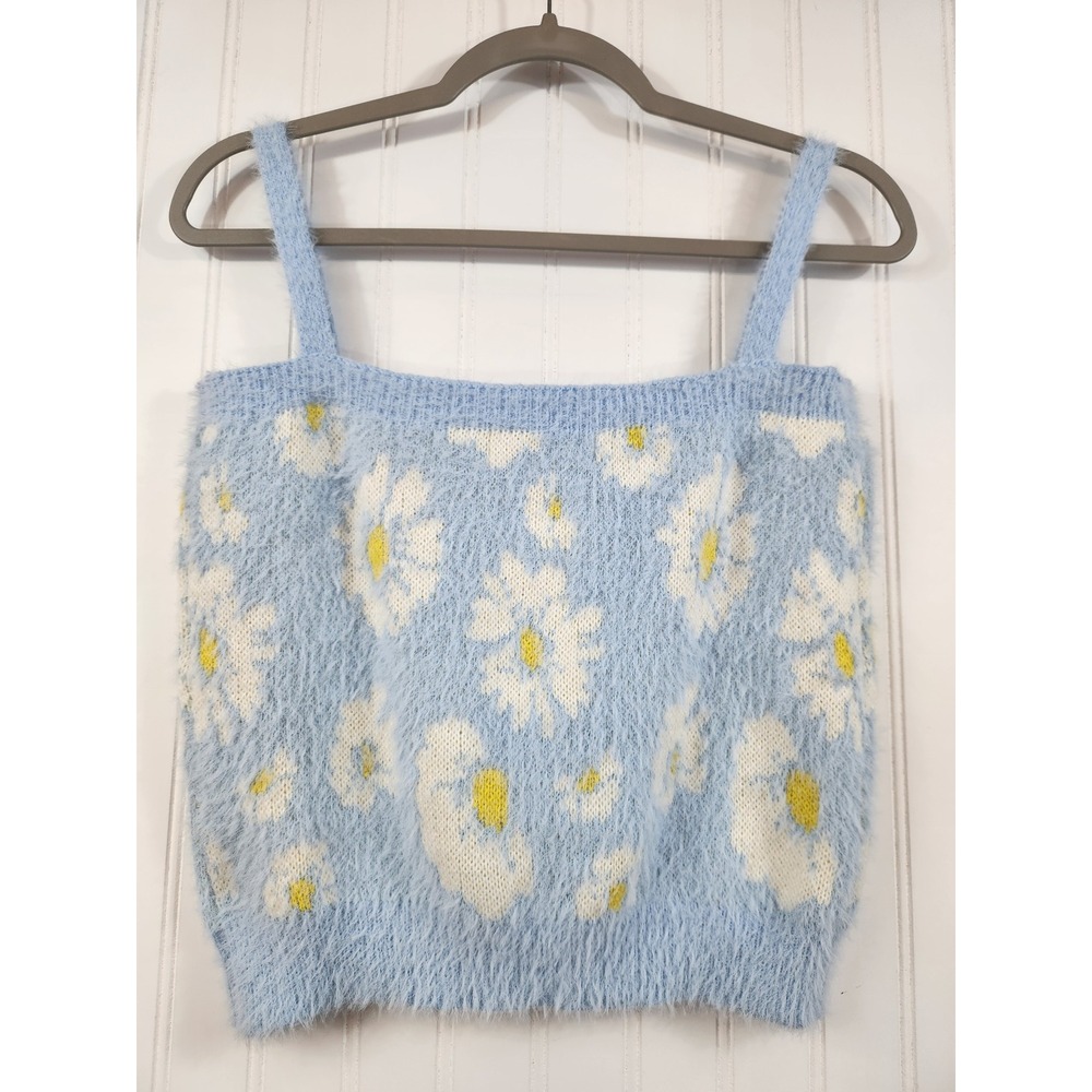 Willow & Wind Blue Daisy Fuzzy Eyelash Knit Camisole Tank Top Large Floral Y2K
